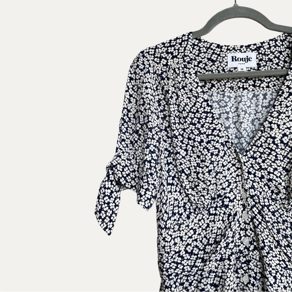 ROUJE Navy Ecru Dainty Floral Print Button Down Tie Sleeve Laura Midi Dress 4/6 - Picture 8 of 11